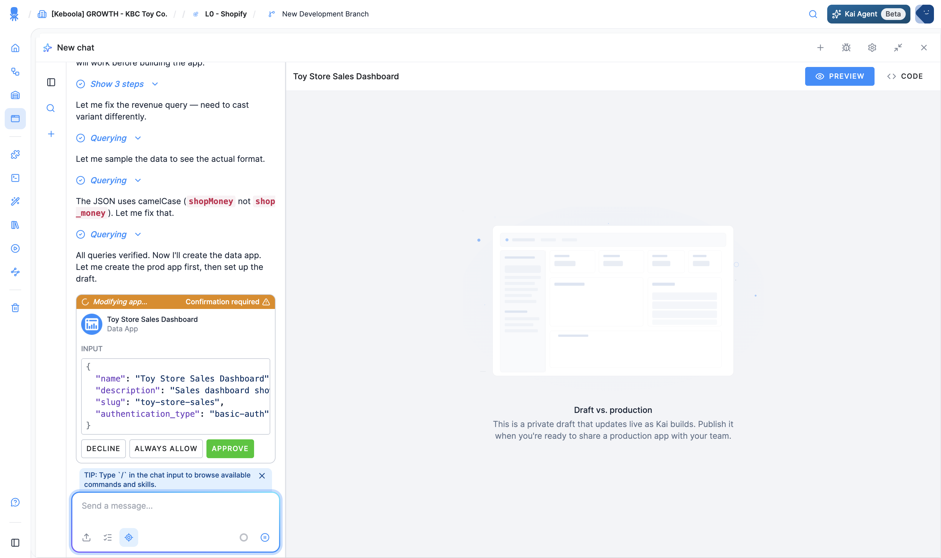 Kai's confirmation card: the generated app configuration with Decline, Always allow, and Approve buttons