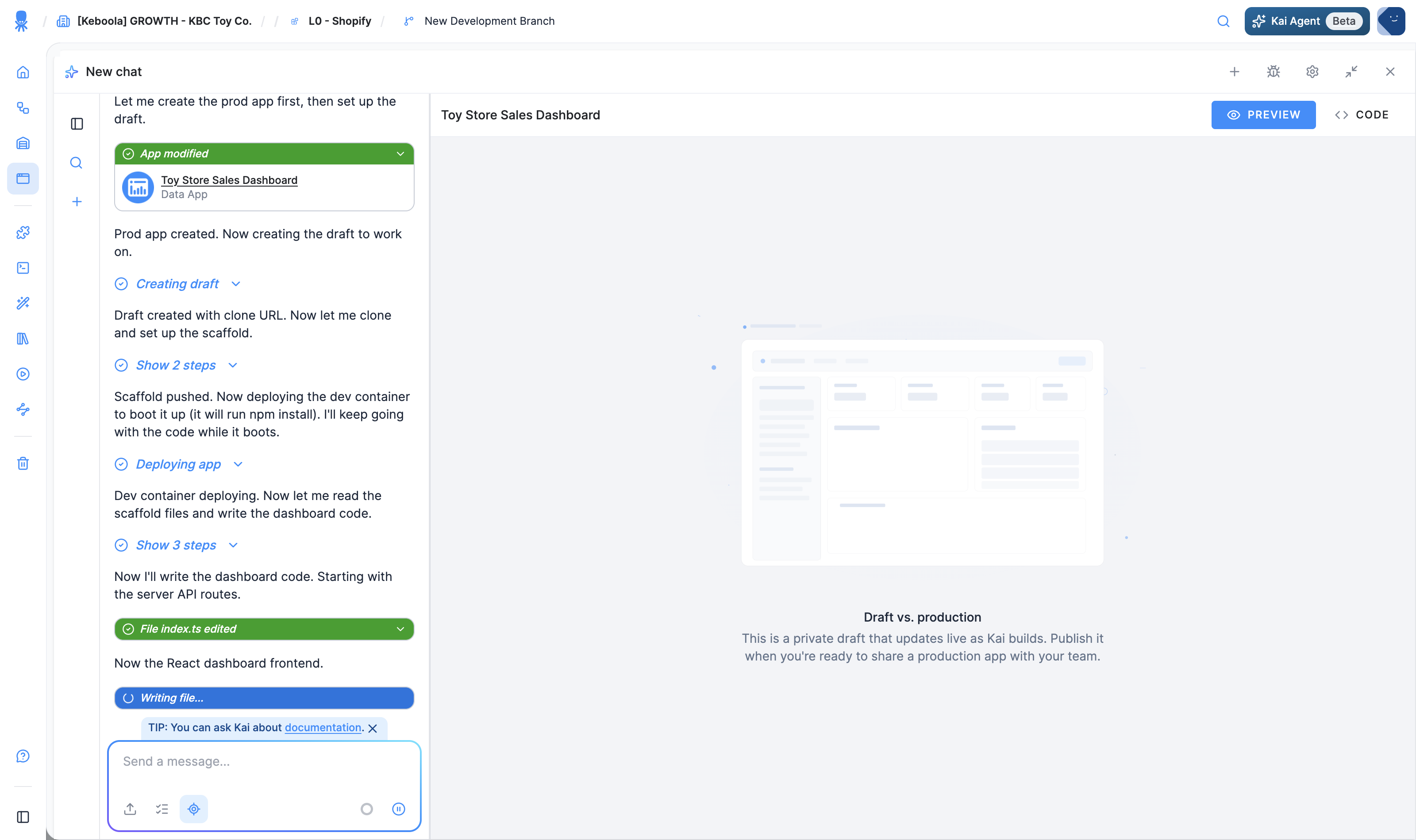 Kai building a Python/JS app: the chat reports creating the app and each file written, next to the draft panel with the Publish to Production button